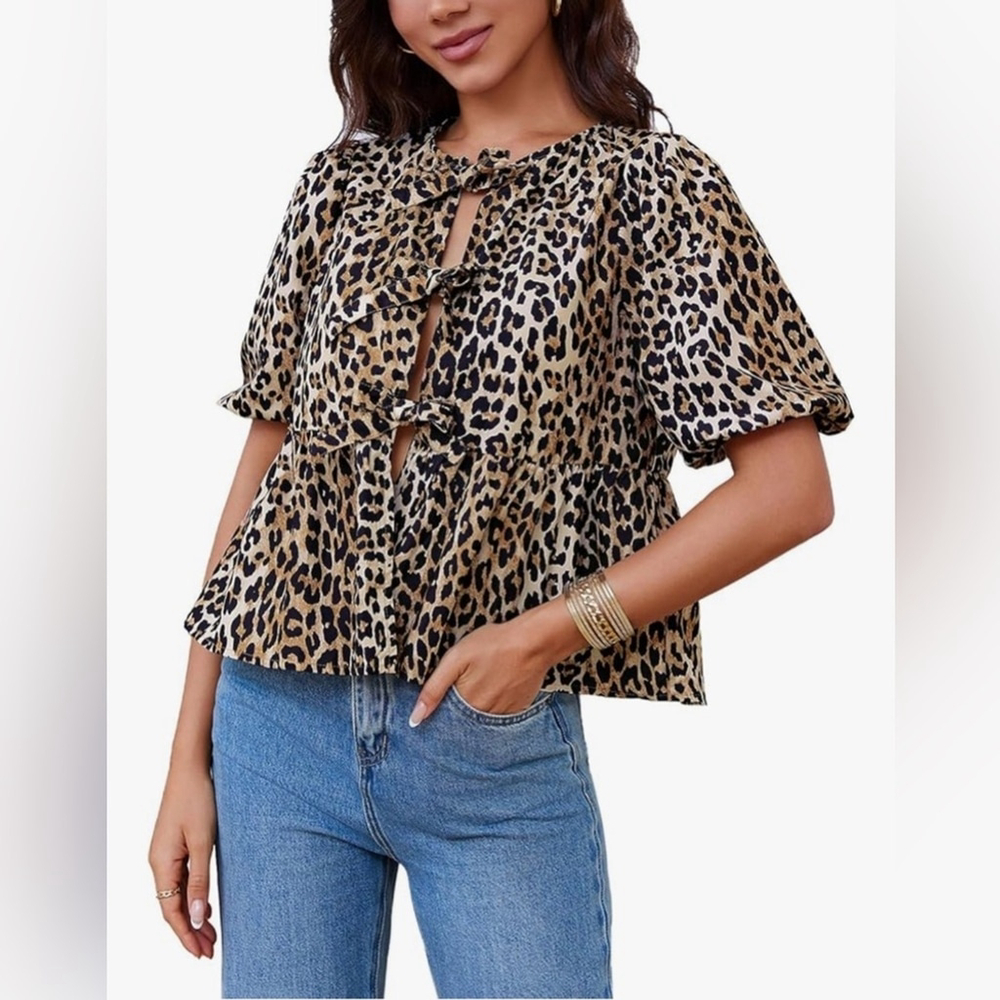 NEW Leopard Tie Front Peplum Babydoll Puff Short Sleeve Blouse Shirt XL - Picture 7 of 7